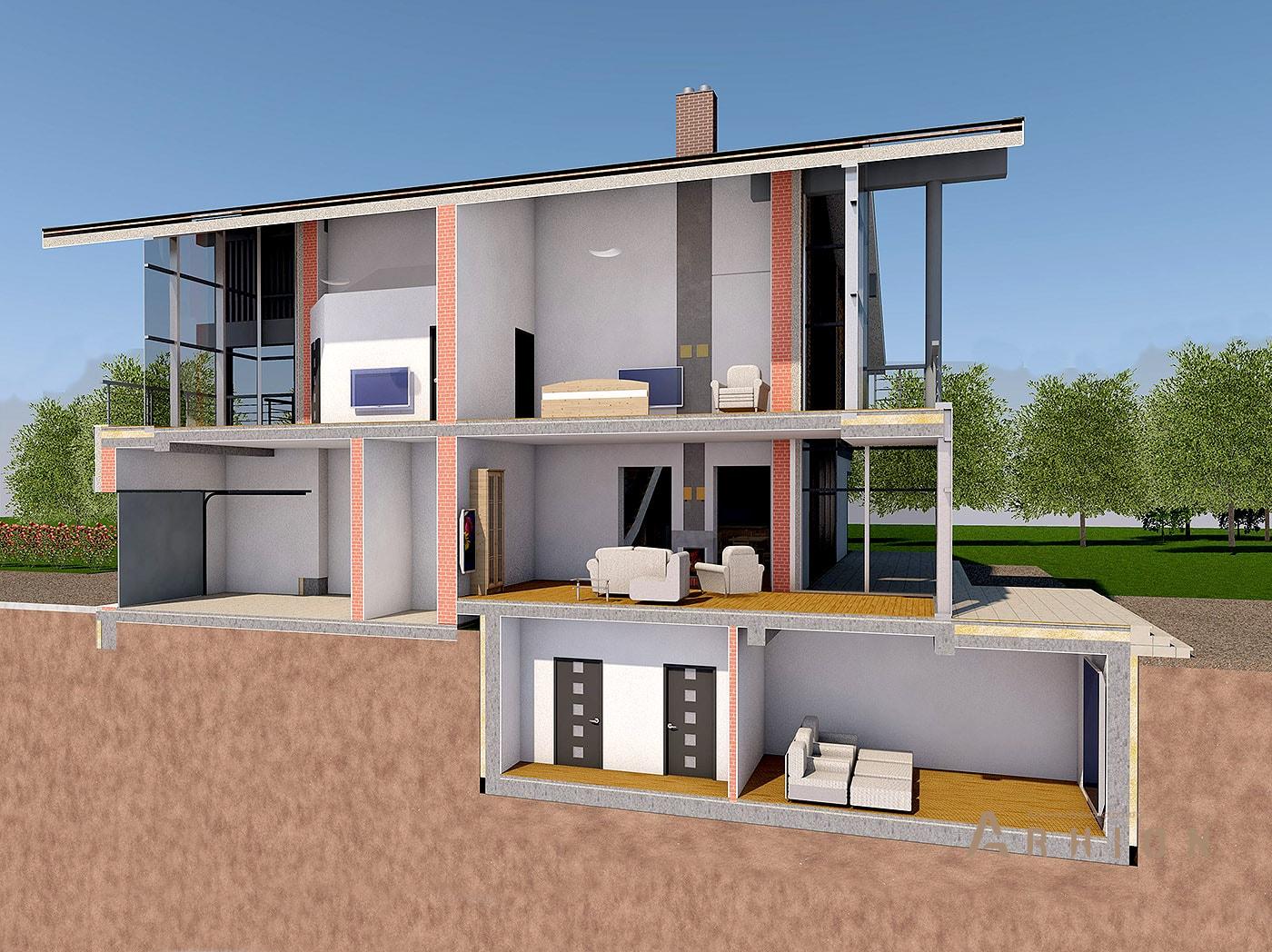 5. Проект двухэтажного дома в стиле шале с двускатной кровлей, av-650, площадью - 650 кв c цокольным этажом, мансардой, сауной, терассой, балконом, гаражом, эркером, вторым светом